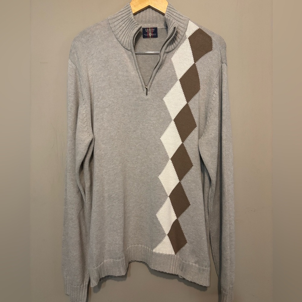 ARROW 100% Cotton Quarter Zip Argyle Side Design Classic Knit Sweater